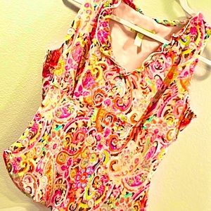 NWOT S Ruffled V Neck Paisley &Floral Bright Summer Top🌹
